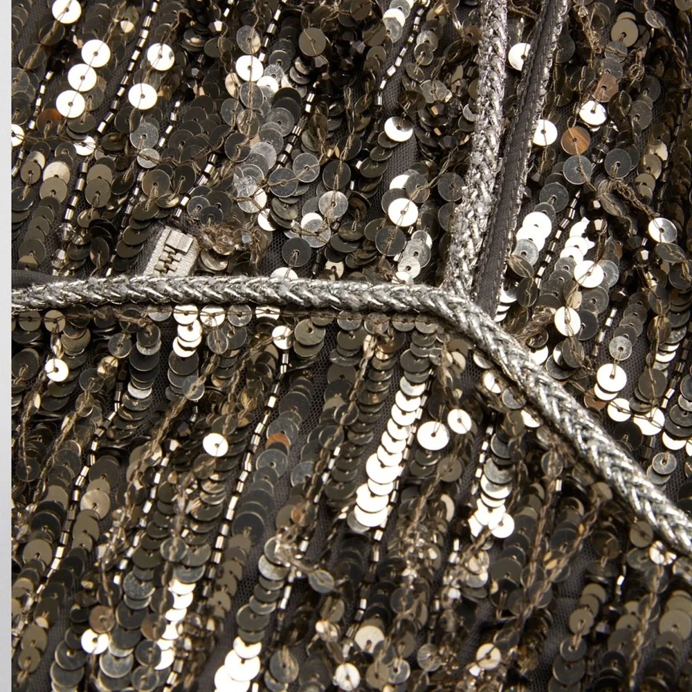 NWT Alice + Olivia Chicago Sequin Fringe Mini Dress Gunmetal Silver Flapper NYE - Picture 12 of 17